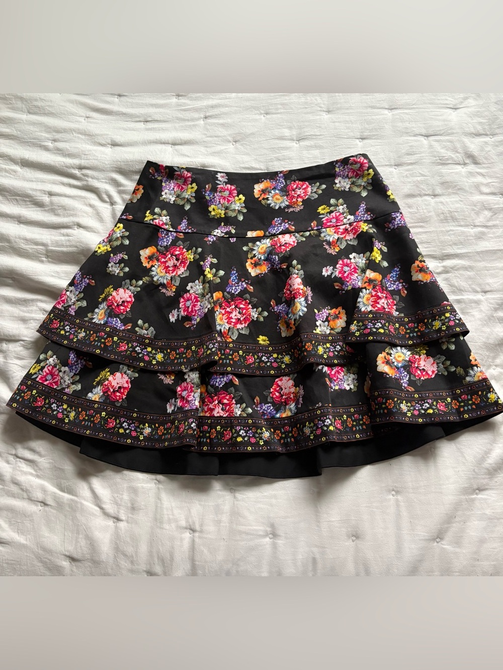 Alice + Olivia Black Tiered Skirt with Pink, Orange & Purple Floral Print